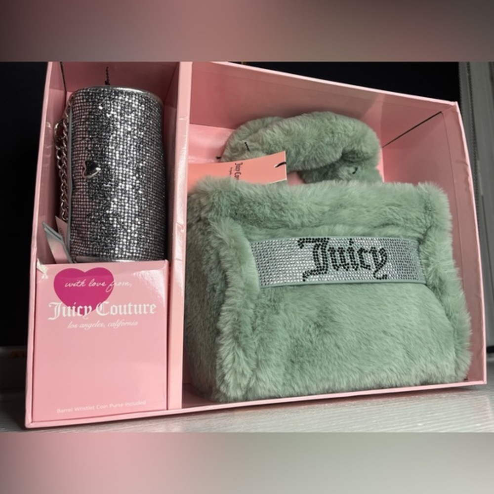 Juicy Couture Fuzzy Mint Green Crossbody Bag & Bling Coin Purse Set NWT